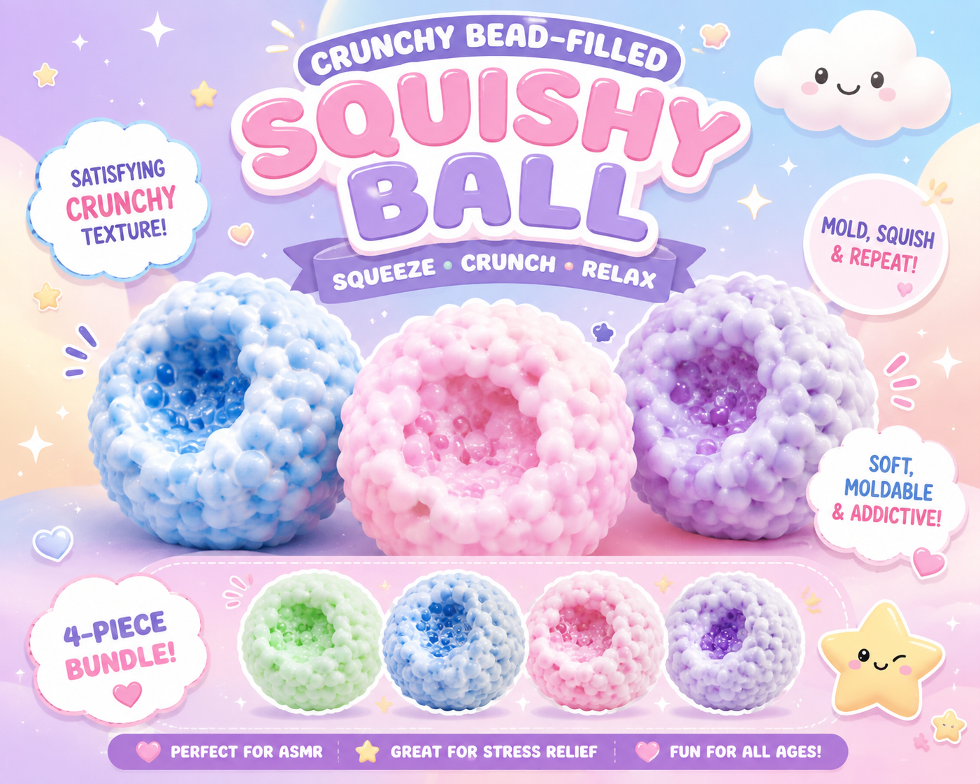 Crunchy Bead-Filled Squishy Ball – Sensory Squeeze Fidget Toy