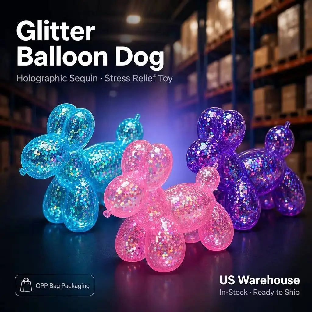 USA Warehouse Squeeze Stretch Glitter Balloon Dog Squishy Holographic Sequin Stress Relief Fidget Sensory Toy 3 Colors