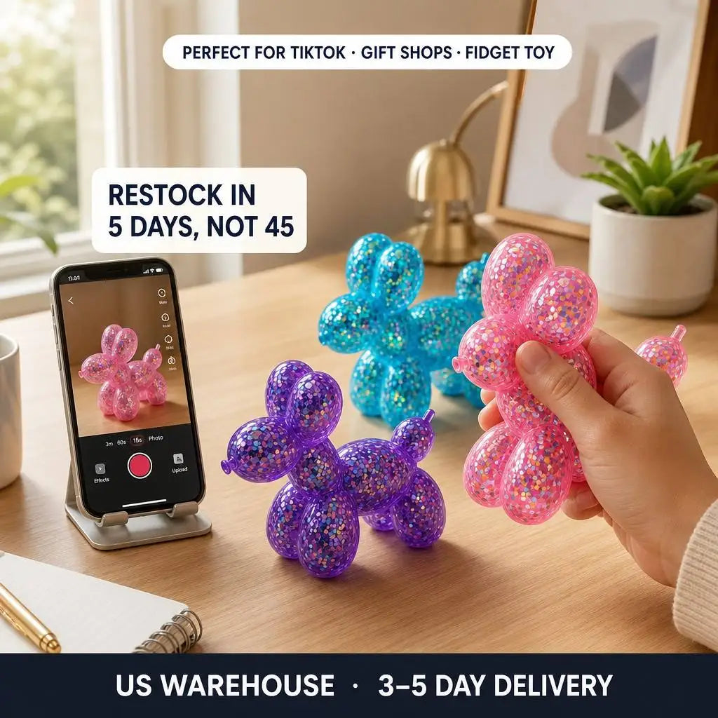 USA Warehouse Squeeze Stretch Glitter Balloon Dog Squishy Holographic Sequin Stress Relief Fidget Sensory Toy 3 Colors