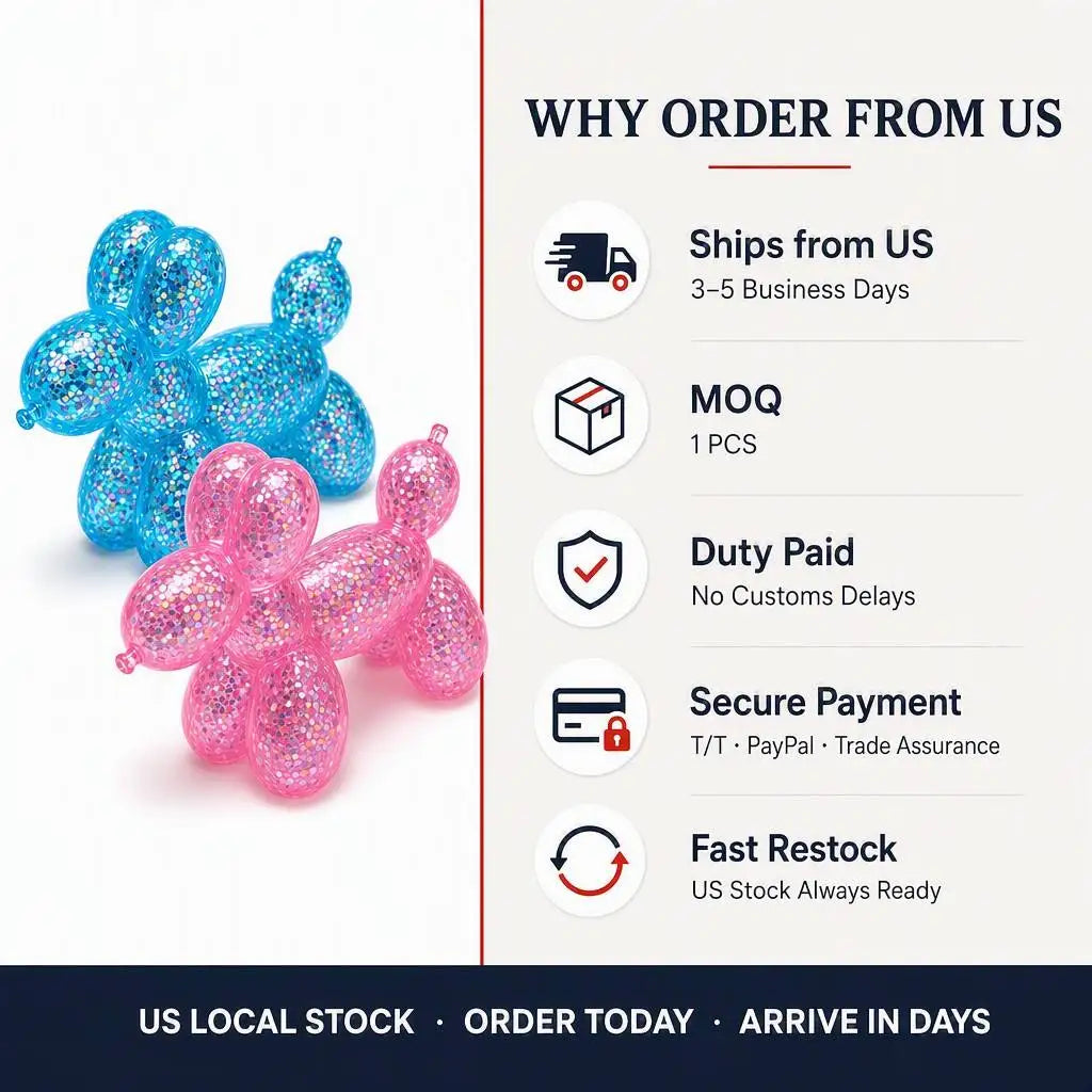 USA Warehouse Squeeze Stretch Glitter Balloon Dog Squishy Holographic Sequin Stress Relief Fidget Sensory Toy 3 Colors