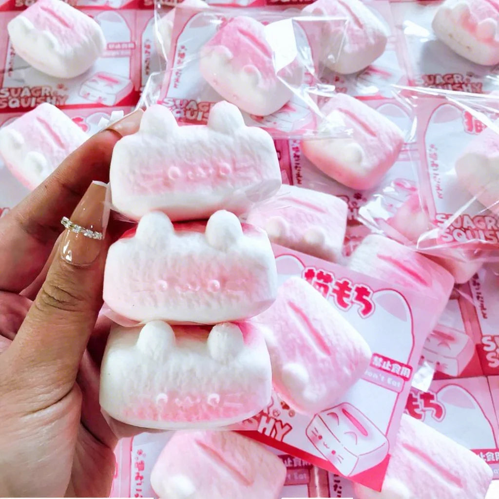 New Kawaii 6cm Pink Baby Kitten Square Rice Cake Squishy Toy PU Super Soft Anti-Stress Gift for Children & Adults