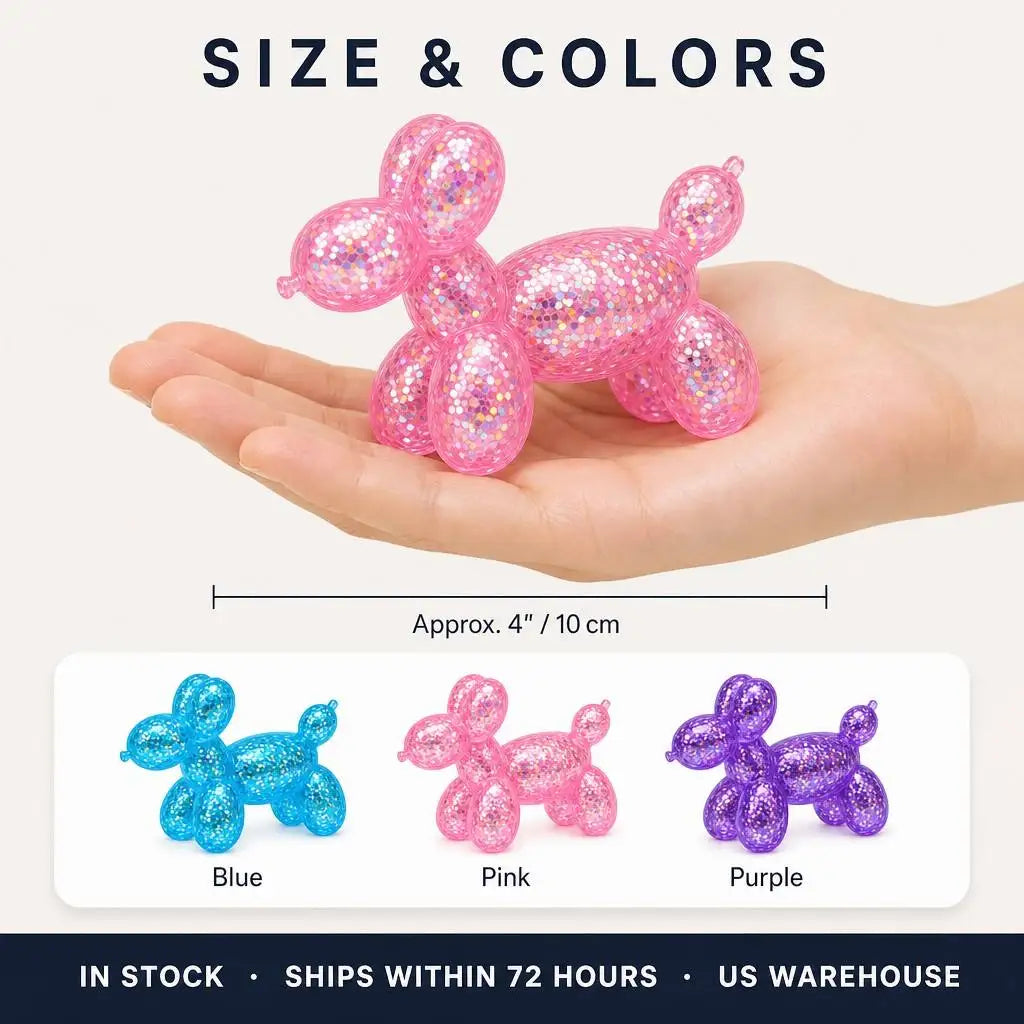 USA Warehouse Squeeze Stretch Glitter Balloon Dog Squishy Holographic Sequin Stress Relief Fidget Sensory Toy 3 Colors