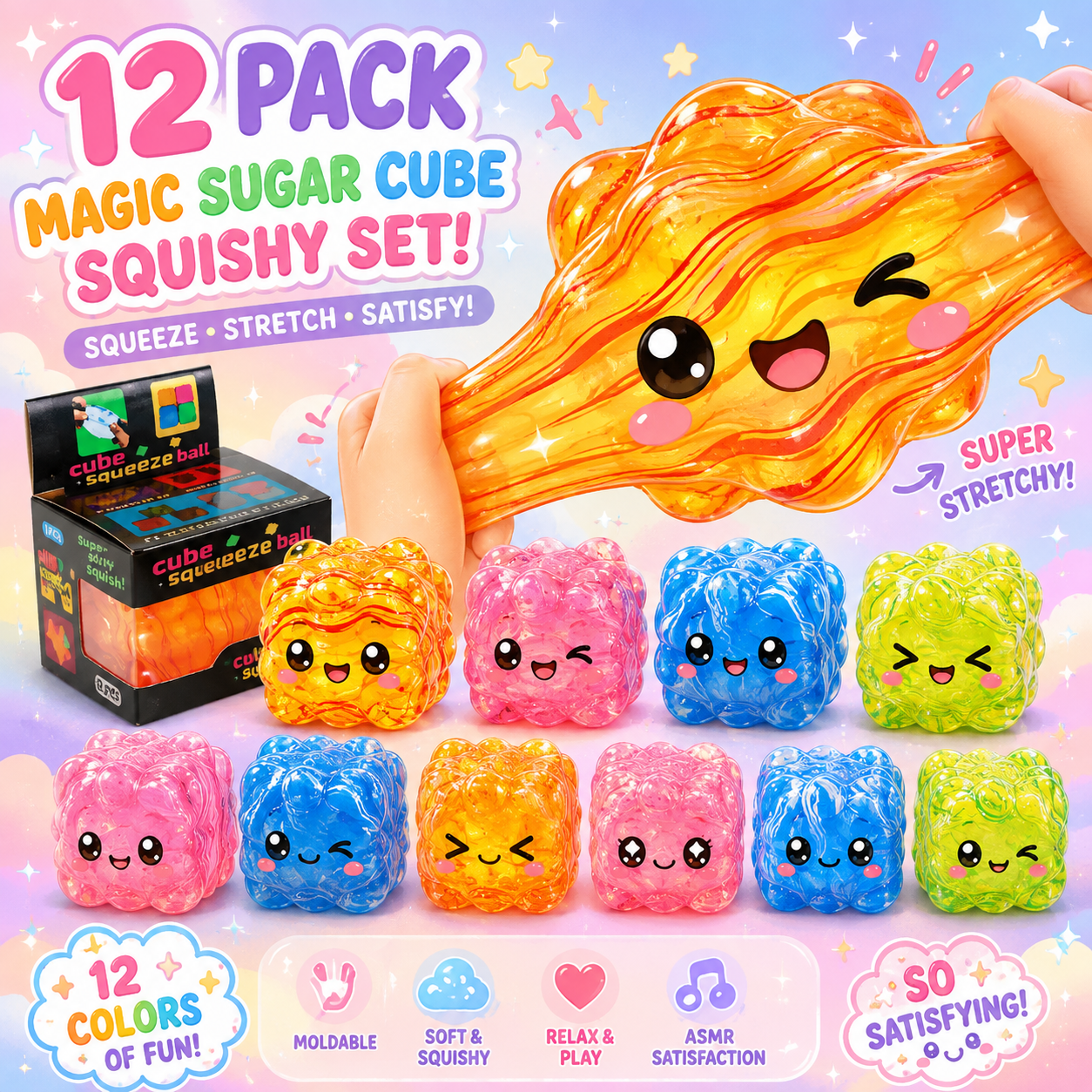 12-Pack Magic Maltose Sugar Cube Squishy Set – Viral ASMR Fidget Toys