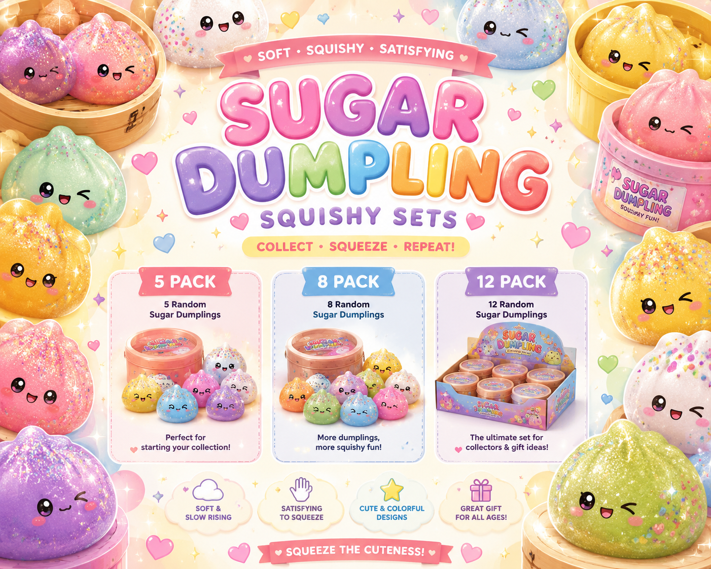 Sugar Dumpling Squishy Set – 5, 8 & 12 Pack Sensory Toys